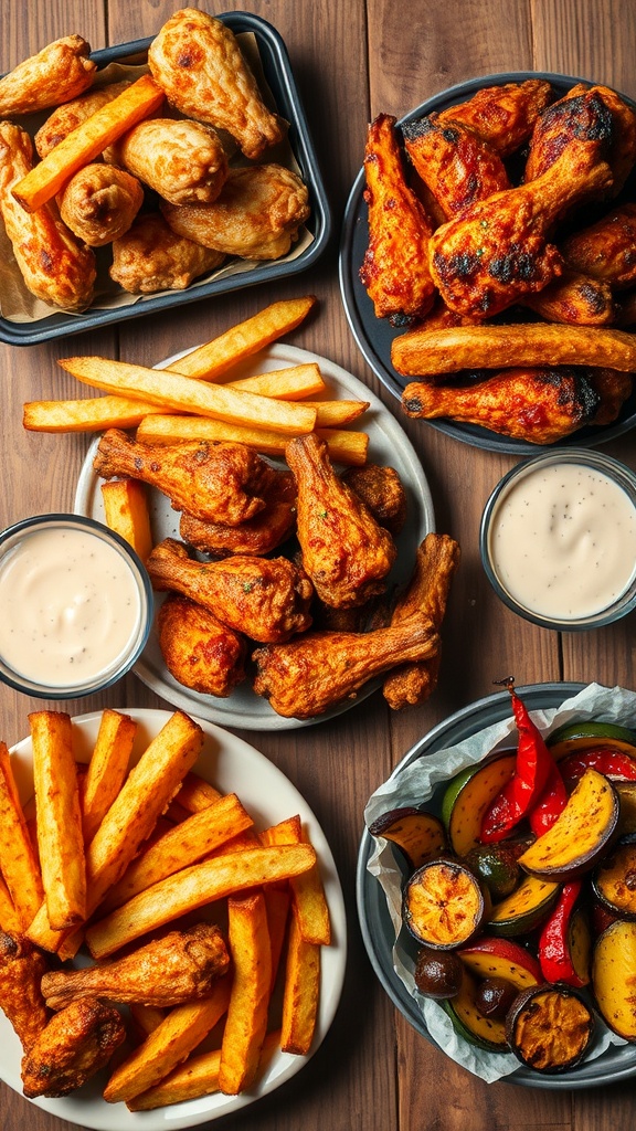 A variety of air-fried dishes including chicken wings, fries, and vegetables on a wooden table.